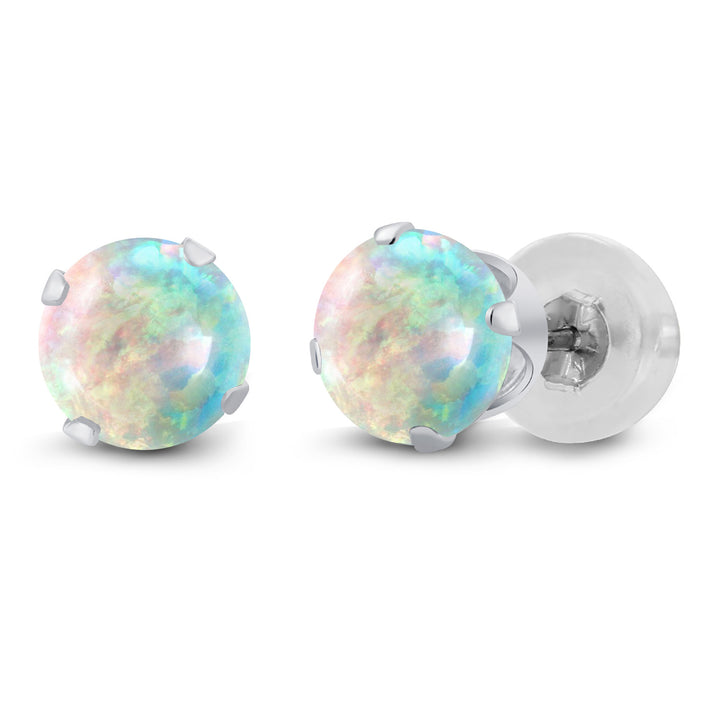 White Simulated Opal-Cabochon - October_Earrings in 14K White Gold