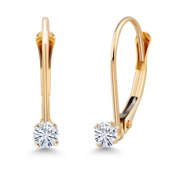 14K Yellow Gold White Moissanite Drop Dangle Leverback Earring For Women (0.13 Cttw, Round 2.5MM)