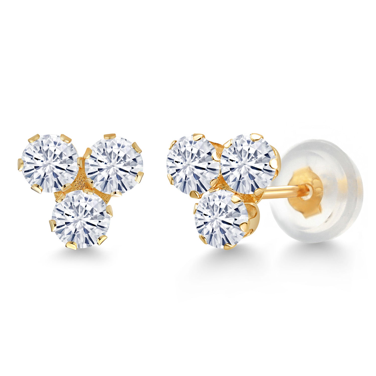 14K Yellow Gold White Moissanite from Charles & Colvard Trio Three Stone Stud Earrings For Women (0.60 Cttw, Round 3MM)