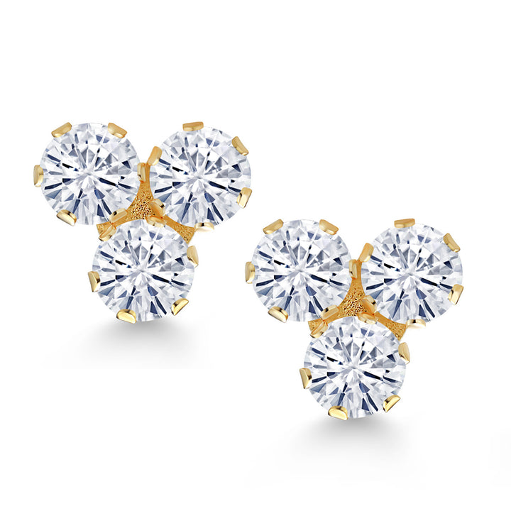 14K Yellow Gold White Moissanite from Charles & Colvard Trio Three Stone Stud Earrings For Women (0.60 Cttw, Round 3MM)