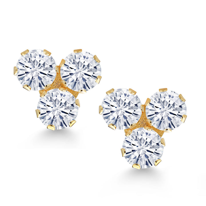 14K Yellow Gold White Moissanite Trio Three Stone Stud Earrings For Women (0.60 Cttw, Gemstone, Round 3MM)