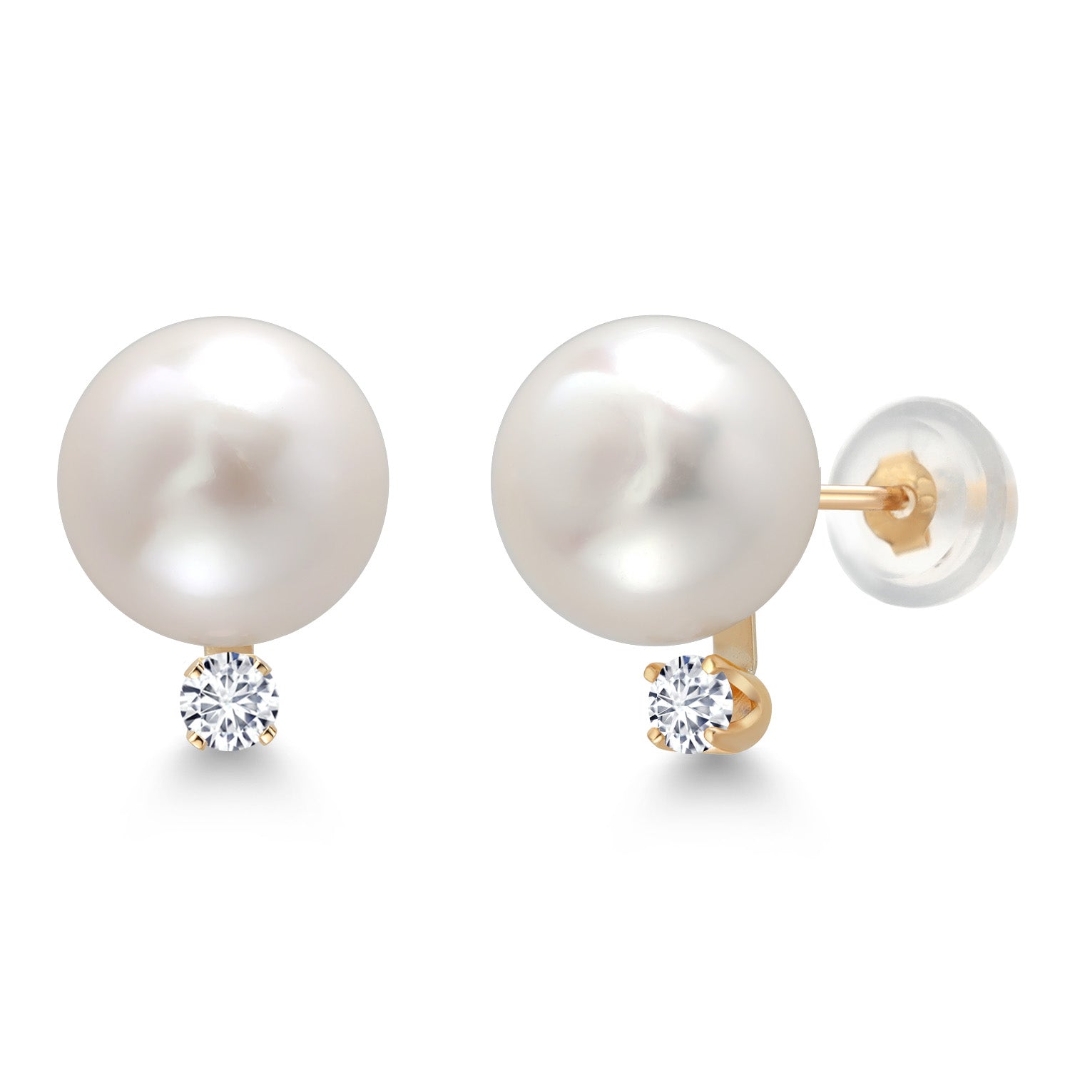 14K Yellow Gold Cultured Freshwater Pearls and White Lab Grown Diamond Stud Earrings For Women (Pearl: 6.5MM, Diamond: 0.13 Cttw, Round 2.5MM)