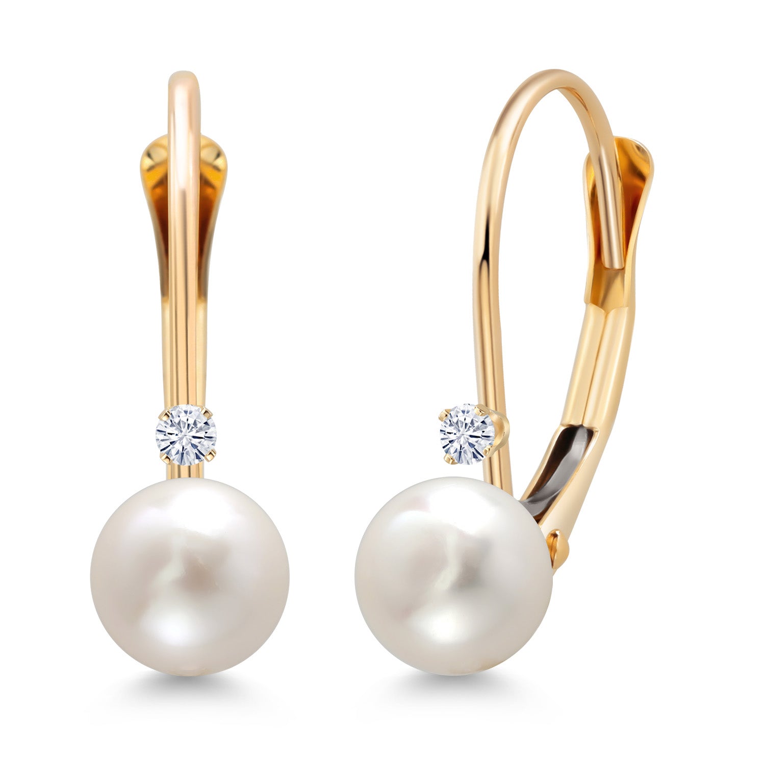 14K Yellow Gold Round White Cultured Freshwater Pearl and Round White Moissanite Leverback Drop Dangle Earrings For Women (Pearl: 5.5MM, Moissanite: 1.5MM)