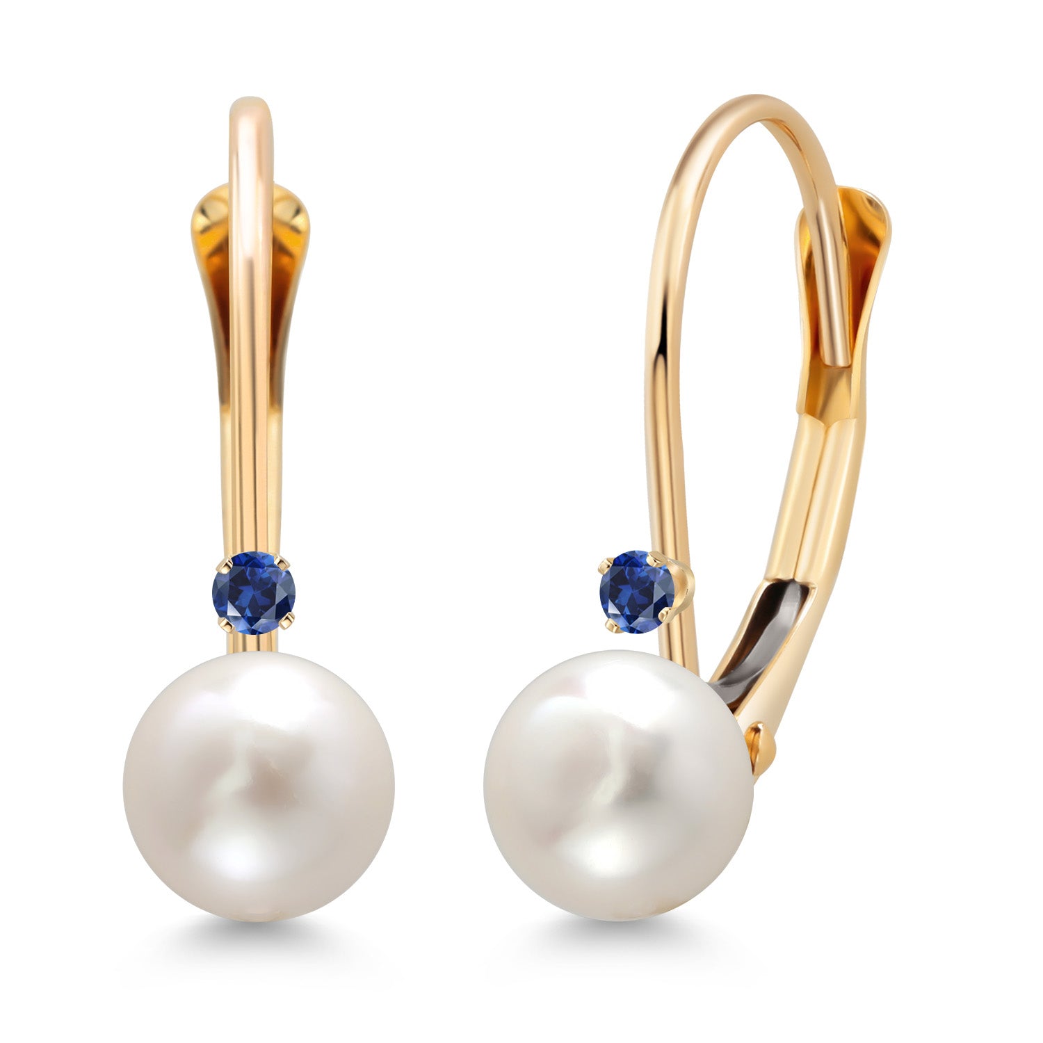 14K Yellow Gold Round White Cultured Freshwater Pearl and Round Blue Created Sapphire Leverback Drop Dangle Earrings For Women (Pearl: 5.5MM, Sapphire: 1.5MM)