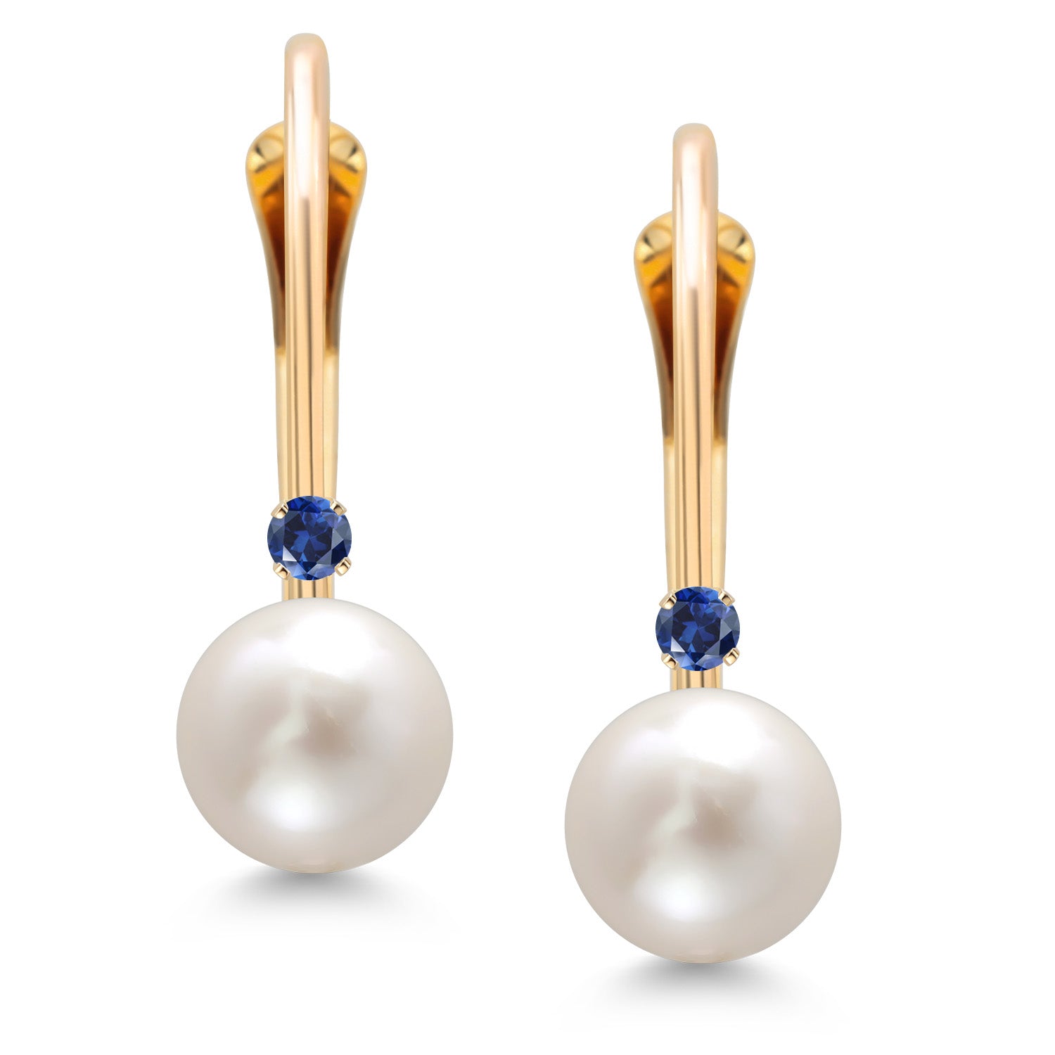 14K Yellow Gold Round White Cultured Freshwater Pearl and Round Blue Created Sapphire Leverback Drop Dangle Earrings For Women (Pearl: 5.5MM, Sapphire: 1.5MM)