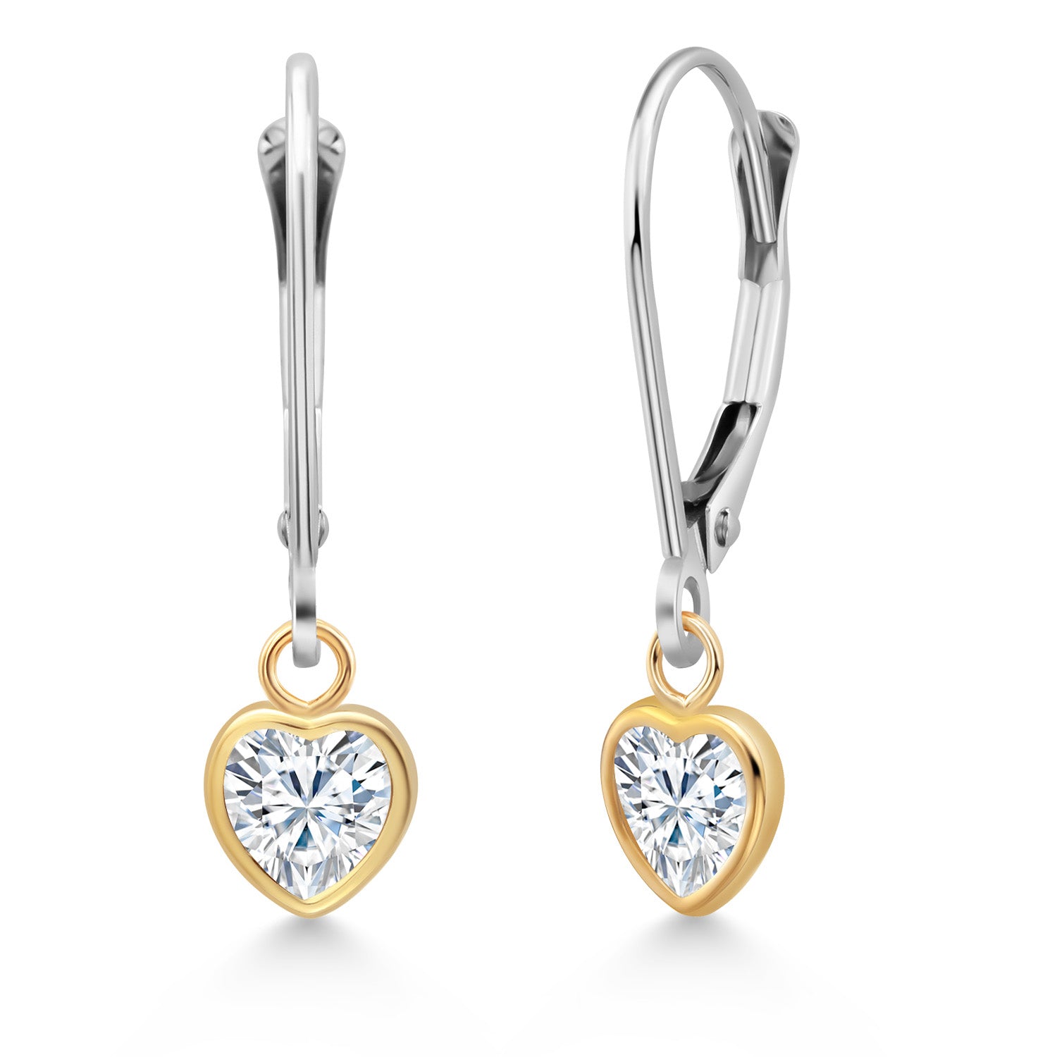 925 Sterling Silver and 10k Yellow Gold White Moissanite Drop Dangle Earrings For Women (0.84 Cttw, Heart Shape 5MM)