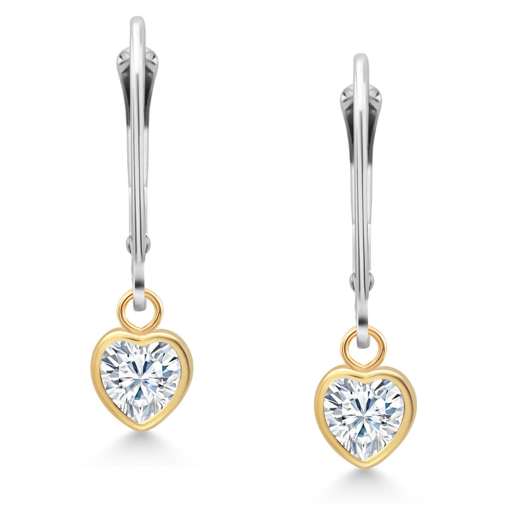 925 Sterling Silver and 10k Yellow Gold White Moissanite Drop Dangle Earrings For Women (0.84 Cttw, Heart Shape 5MM)