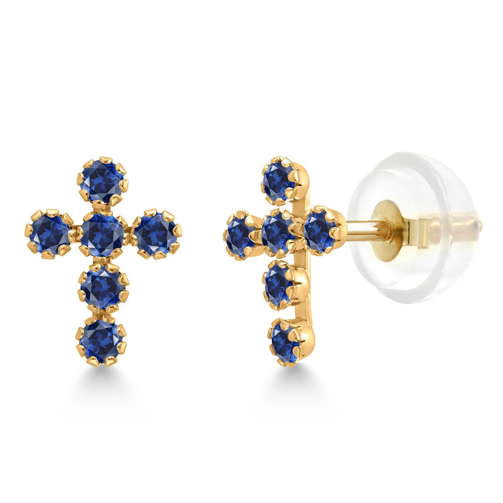 Gem Stone King 14K Gold Cross Stud Earrings | Jesus Christian Religious Crucifix Jewelry Earrings | Lab Grown Diamond Created Ruby or Created Sapphire Gold Earrings For Women Men