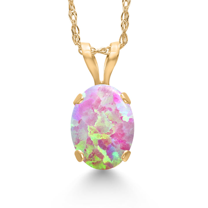 Pink Simulated Opal-Cabochon - October_Pendant in 14K Yellow Gold