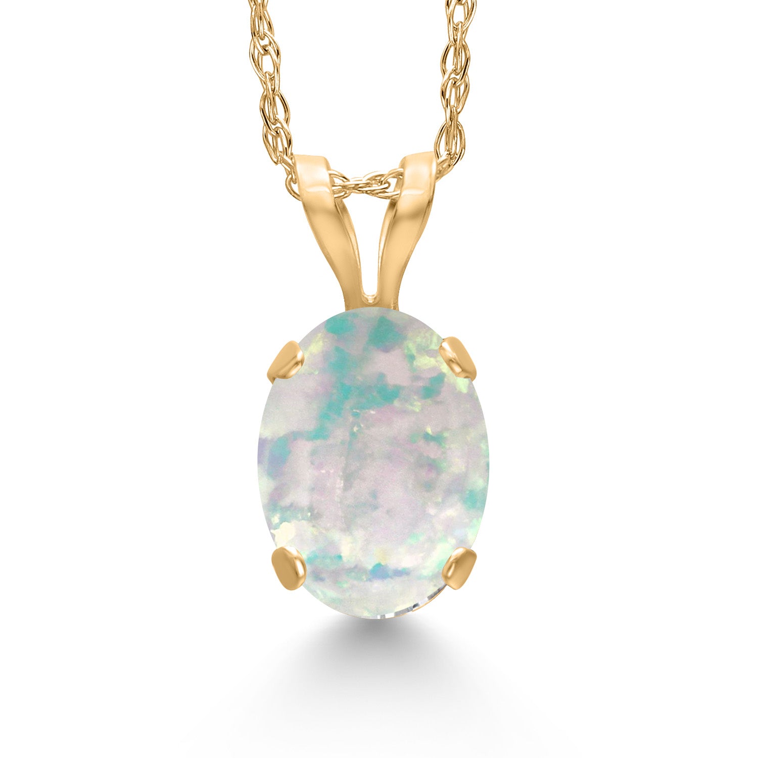 White Simulated Opal-Cabochon - October_Pendant in 14K Yellow Gold