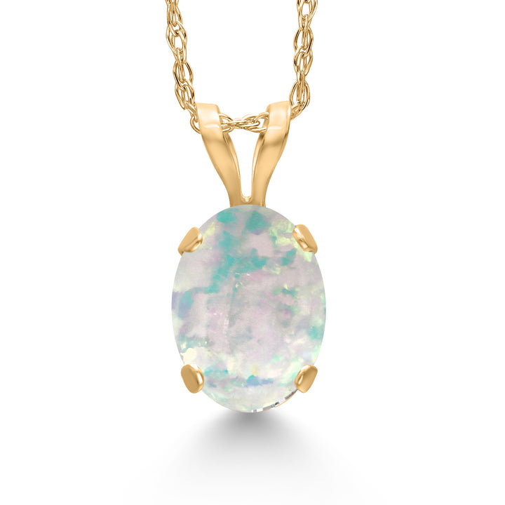 White Simulated Opal-Cabochon - October_Pendant in 14K Yellow Gold