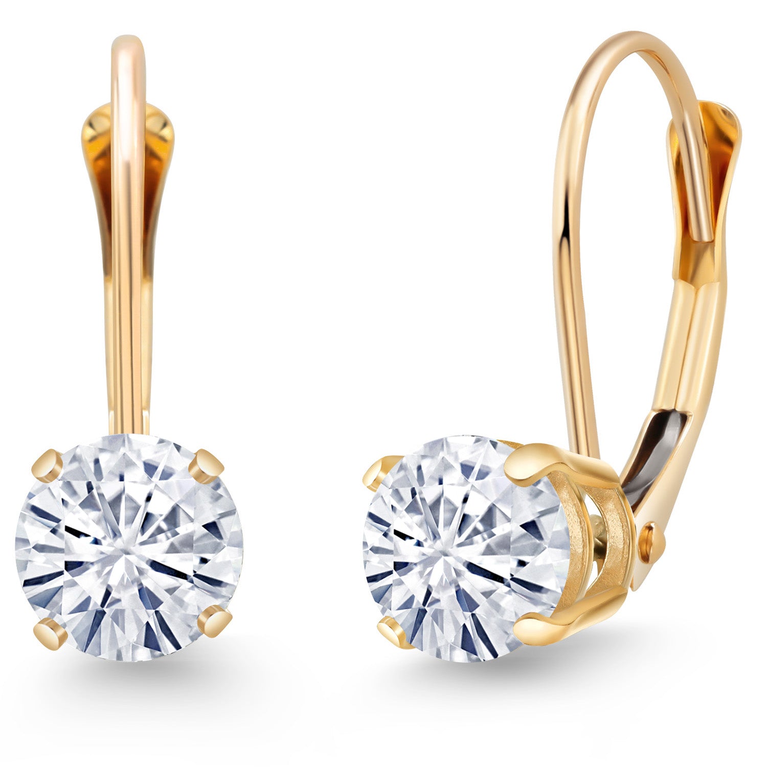 14K Yellow Gold White Moissanite Dangle Leverback Earrings | 1.00 Cttw | Round 5MM | Gold Earrings for Women