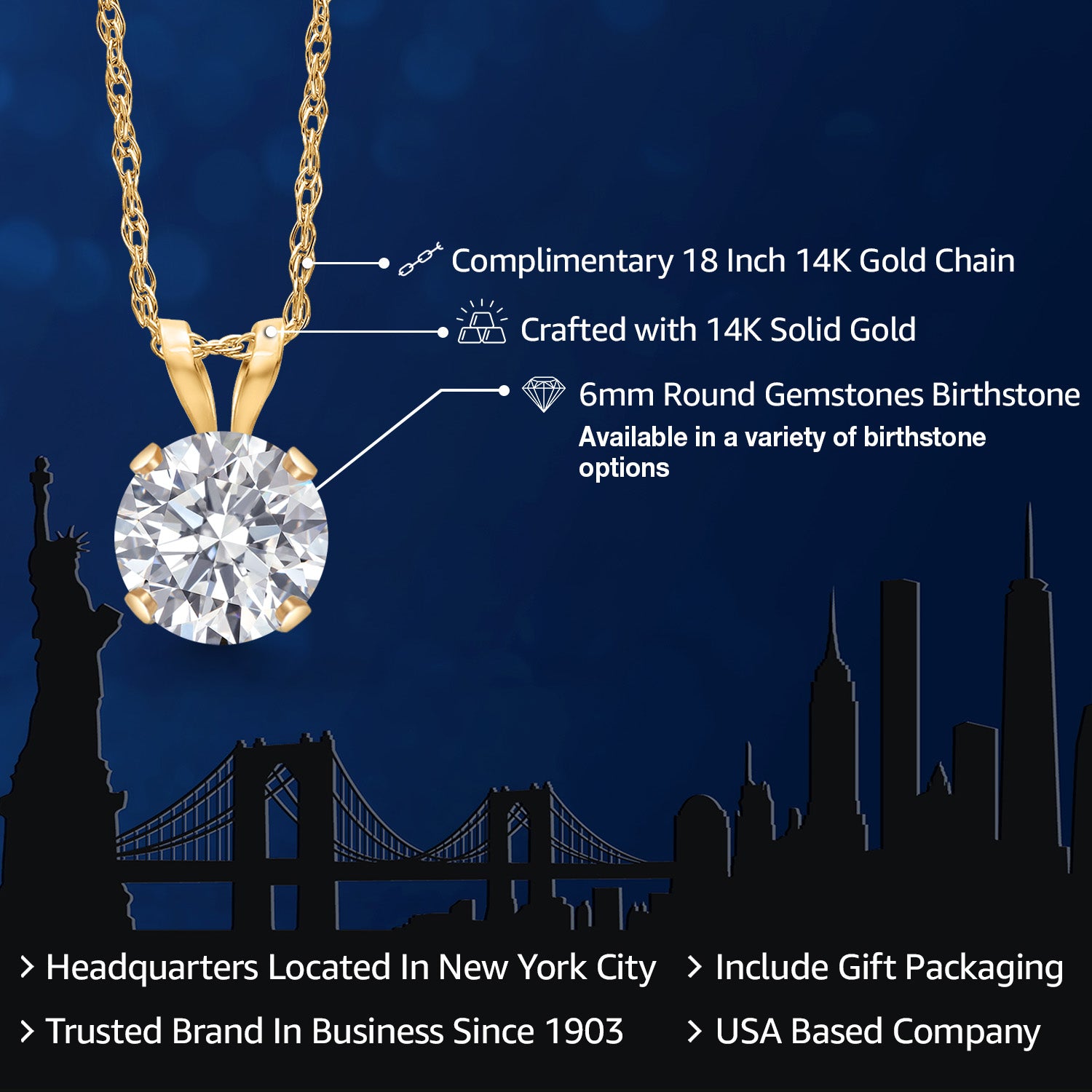 14K Yellow Gold White Lab Grown Diamond Pendant Necklace for Women | 0.74 Cttw | Gemstone April Birthstone | Round 6MM | DEF Color | VVS-VS Clarity | With 18 Inch Chain