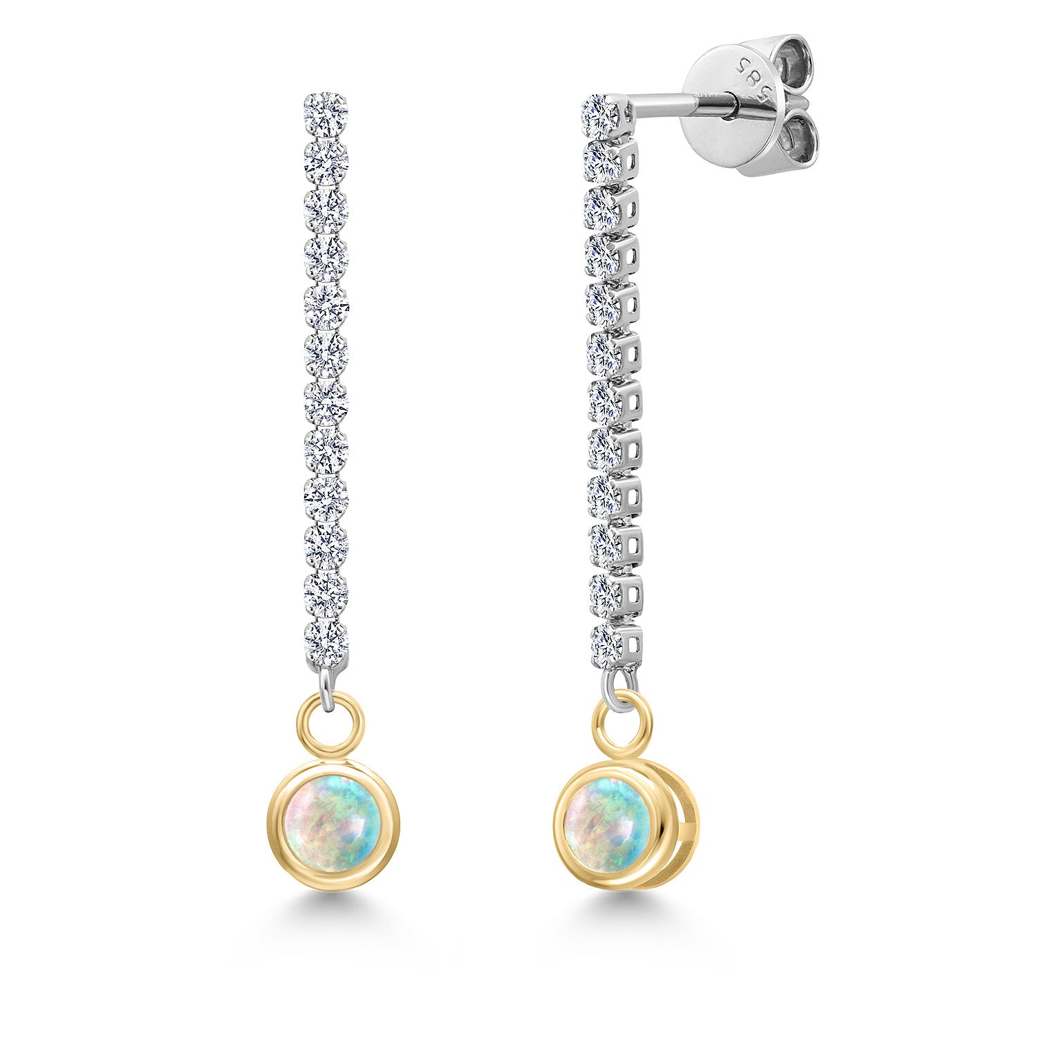White Simulated Opal-Cabochon - October_Earrings in 14K Two Tone Gold