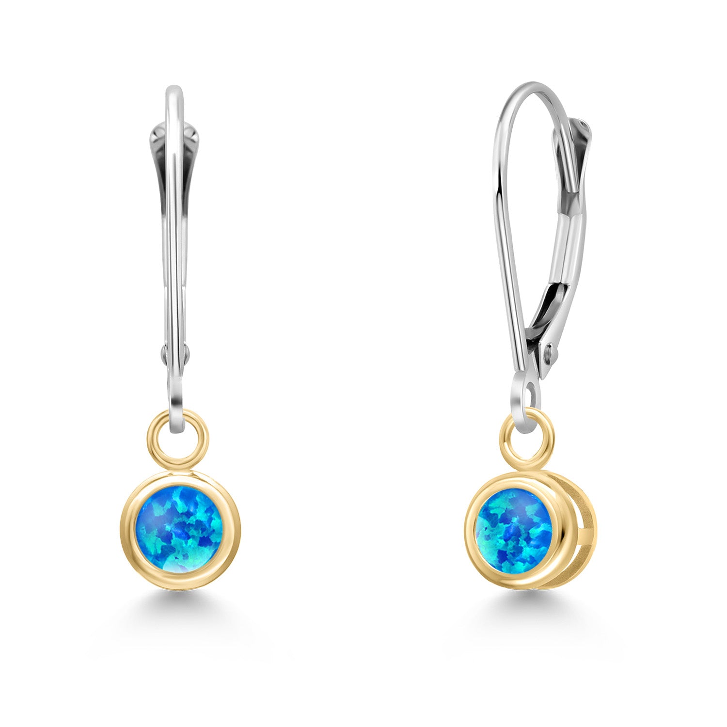 Blue Simulated Opal-Cabochon - October_Earrings in 14K Two Tone Gold