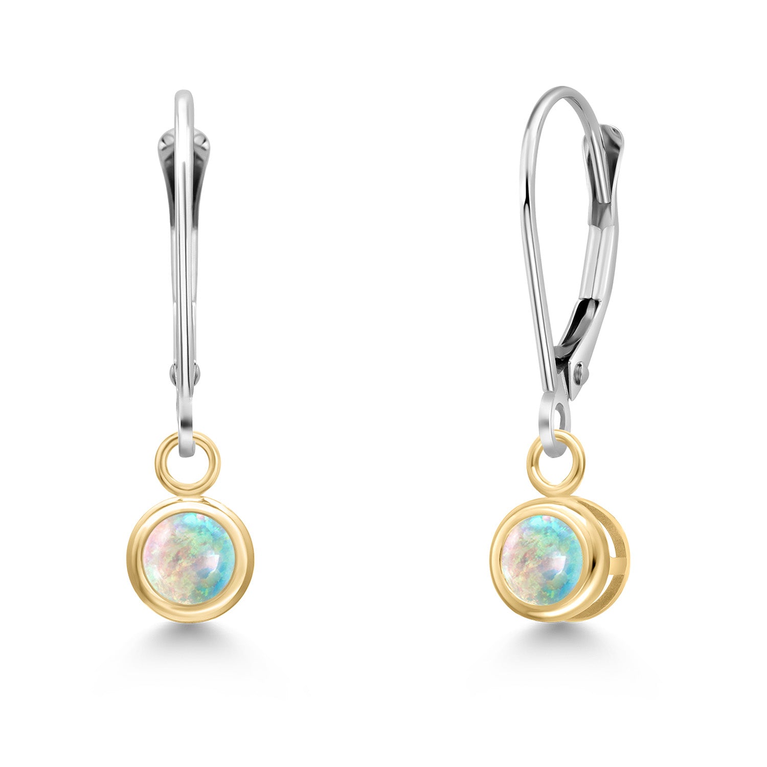 White Simulated Opal-Cabochon - October_Earrings in 14K Two Tone Gold