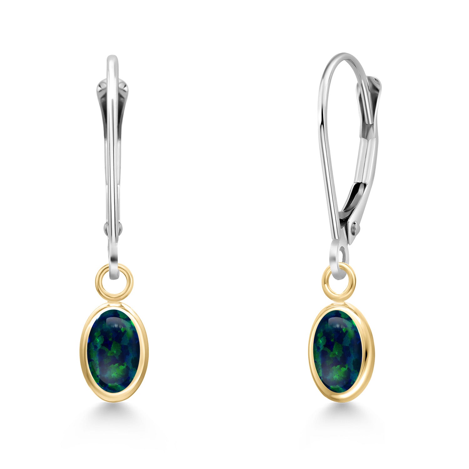 Green Simulated Opal-Cabochon - October_Earrings in 14K Two Tone Gold