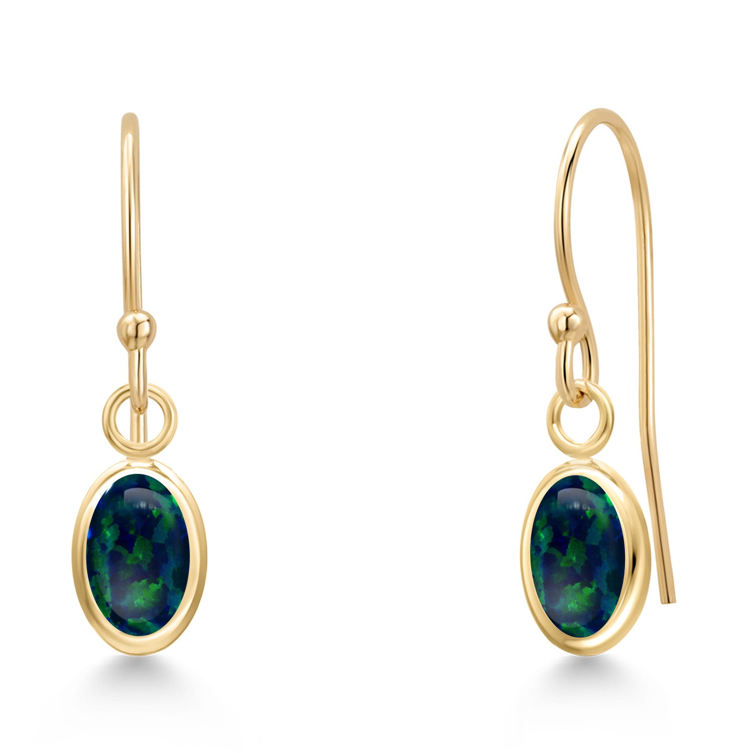 Green Simulated Opal-Cabochon - October_Earrings in 14K Yellow Gold