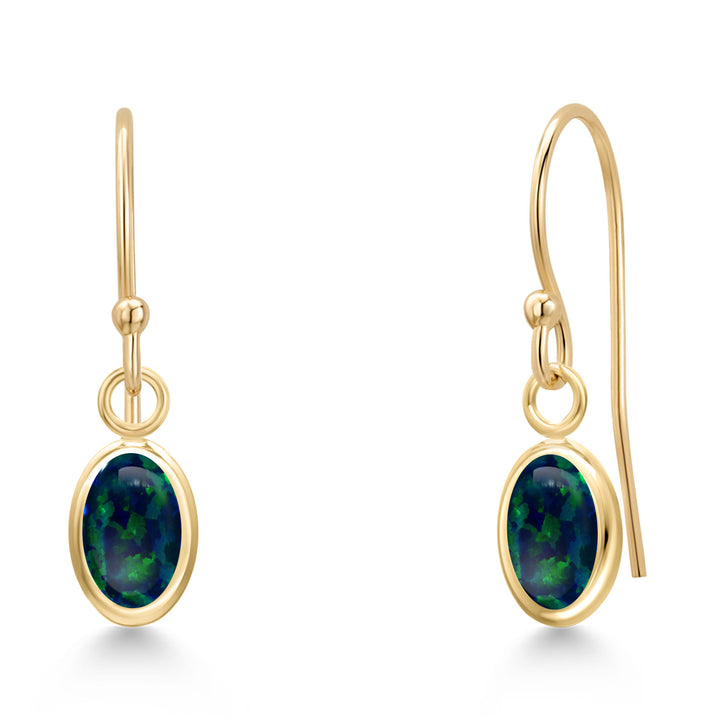 Green Simulated Opal-Cabochon - October_Earrings in 14K Yellow Gold