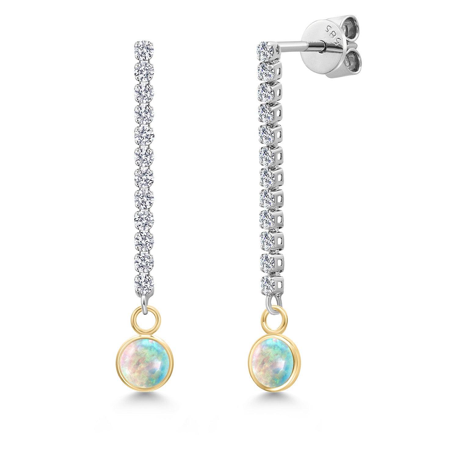 White Simulated Opal-Cabochon - October_Earrings in 14K Two Tone Gold