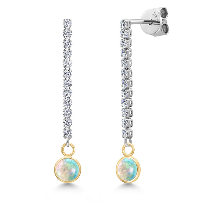 White Simulated Opal-Cabochon - October_Earrings in 14K Two Tone Gold
