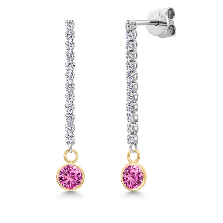 Pink Created Sapphire - September_Earrings in 14K Two Tone Gold