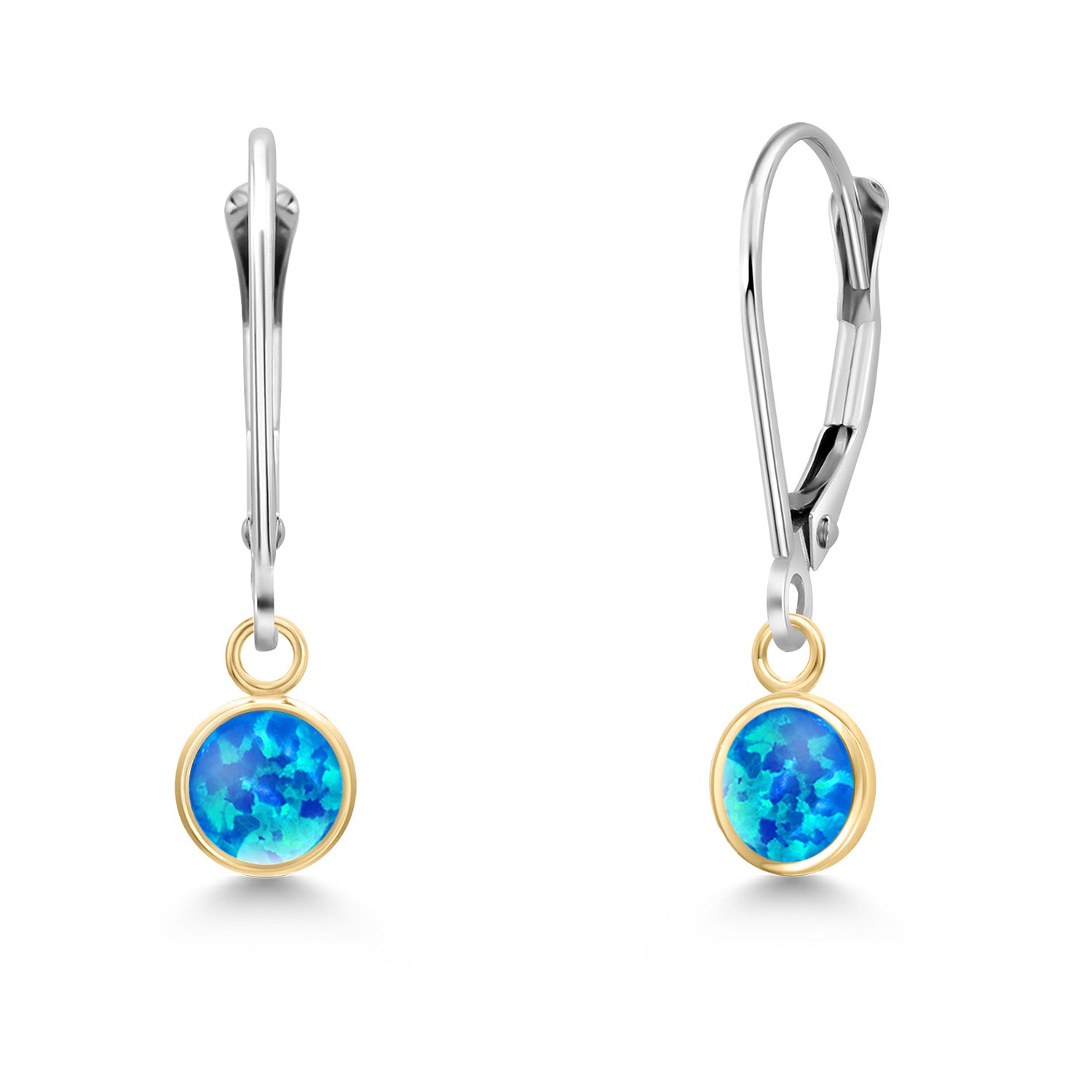 Blue Simulated Opal-Cabochon - October_Earrings in 14K Two Tone Gold