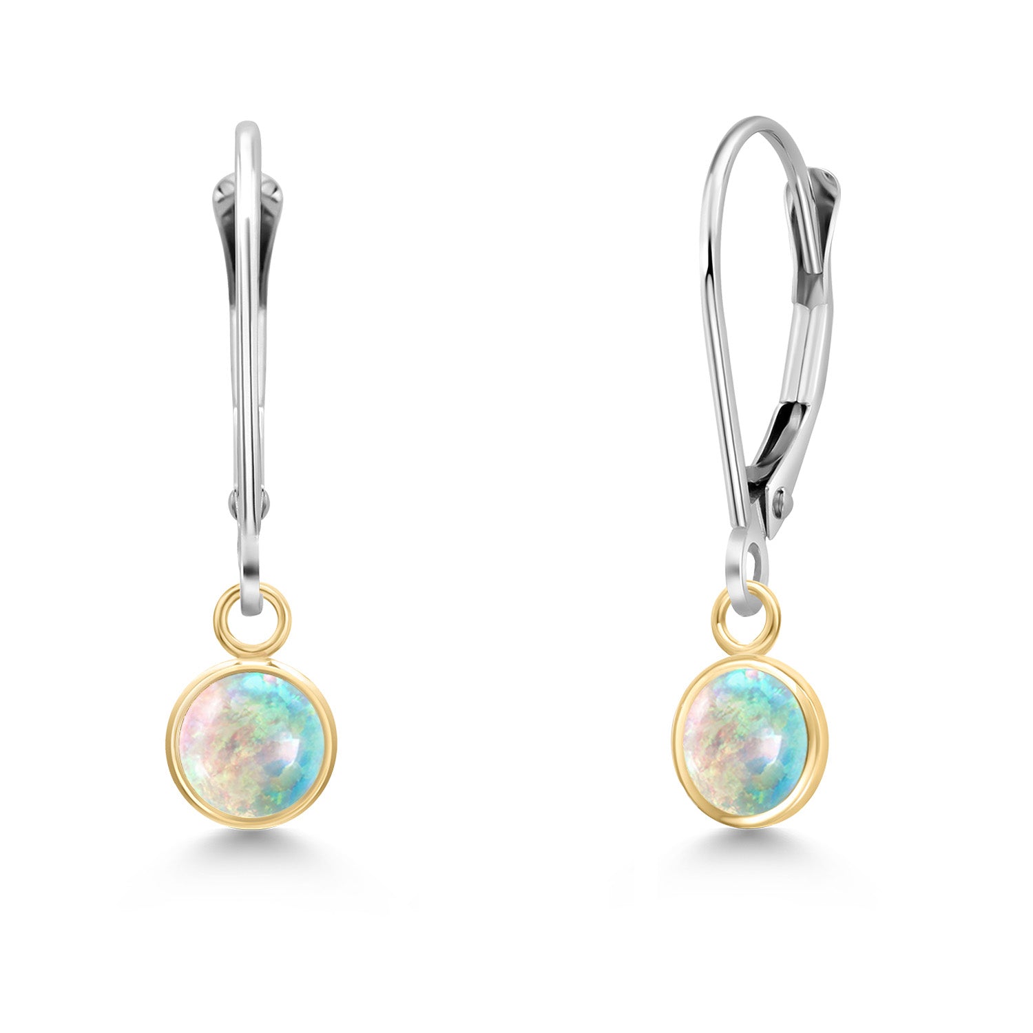 White Simulated Opal-Cabochon - October_Earrings in 14K Two Tone Gold