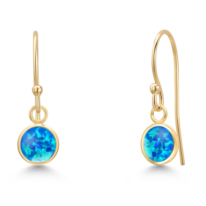 Blue Simulated Opal-Cabochon - October_Earrings in 14K Yellow Gold