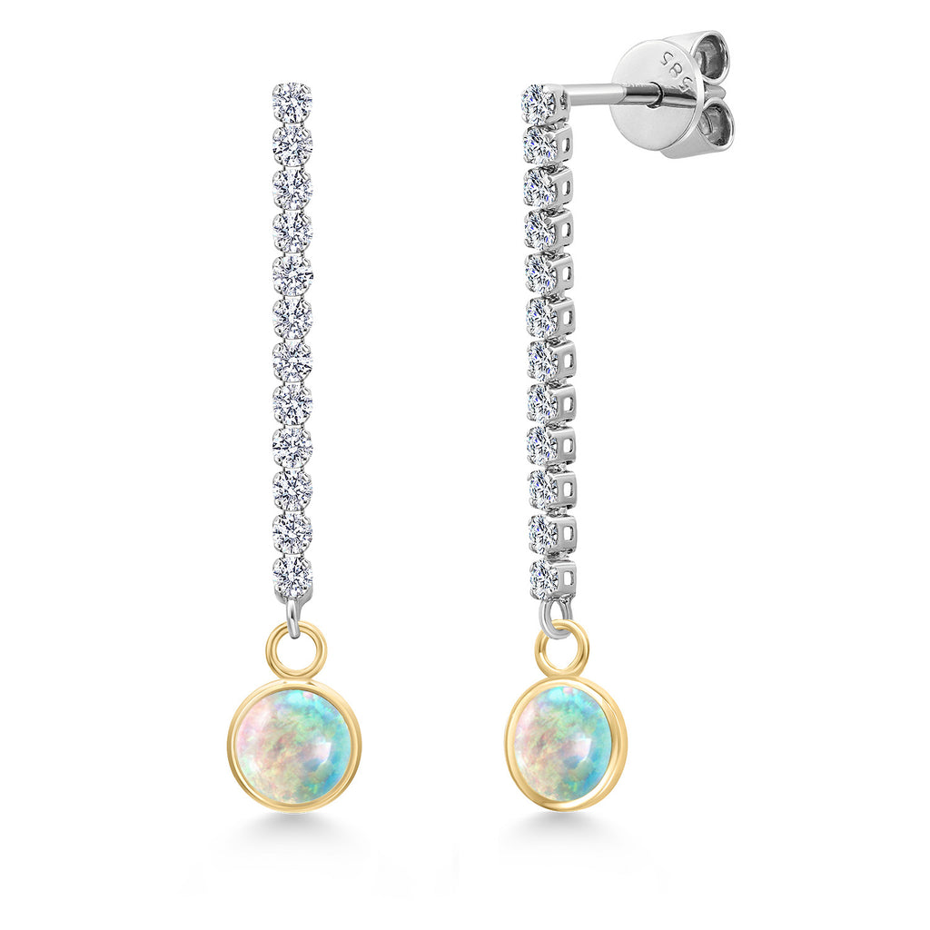 White Simulated Opal-Cabochon - October_Earrings in 14K Two Tone Gold