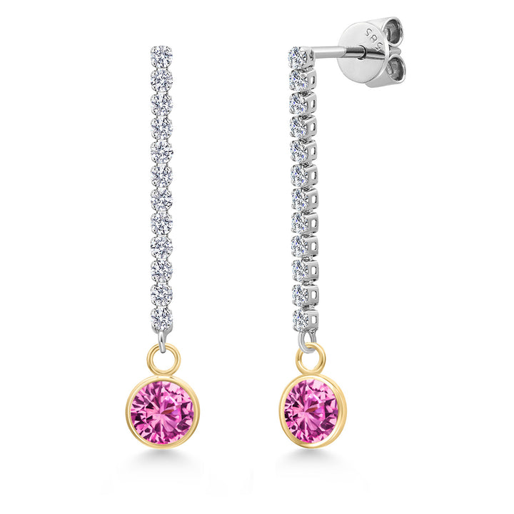 Pink Created Sapphire - September_Earrings in 14K Two Tone Gold