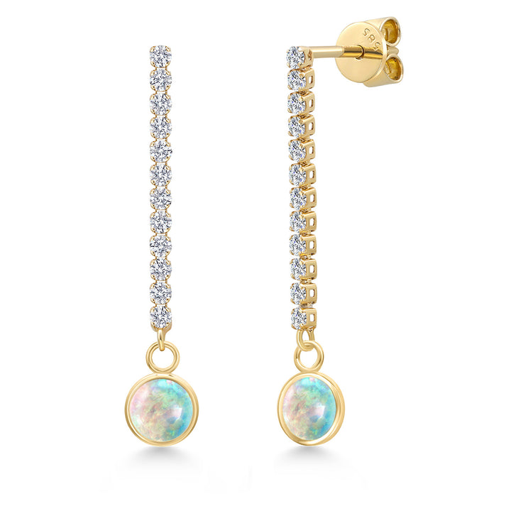 White Simulated Opal-Cabochon - October_Earrings in 14K Yellow Gold