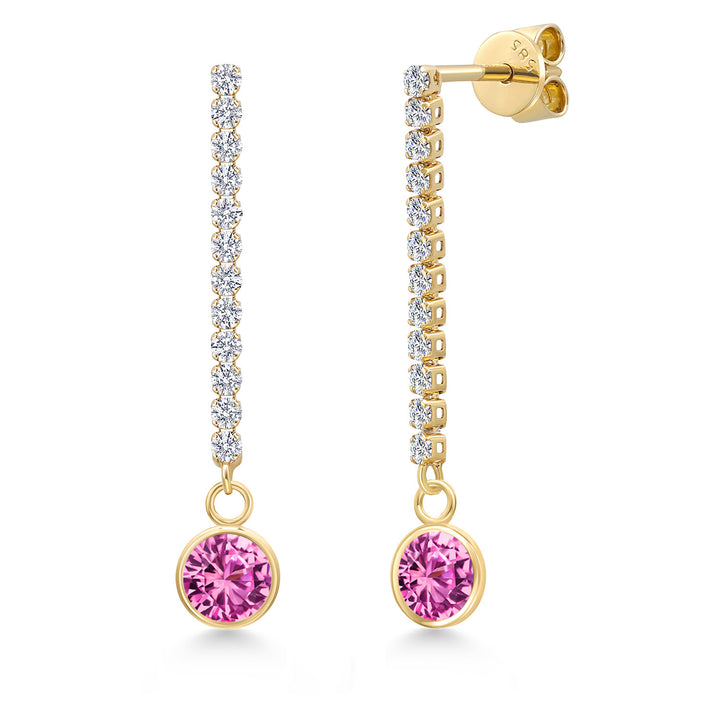 Pink Created Sapphire - September_Earrings in 14K Yellow Gold