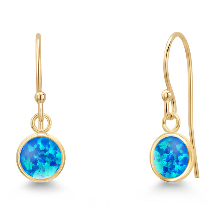 Blue Simulated Opal-Cabochon - October_Earrings in 14K Yellow Gold