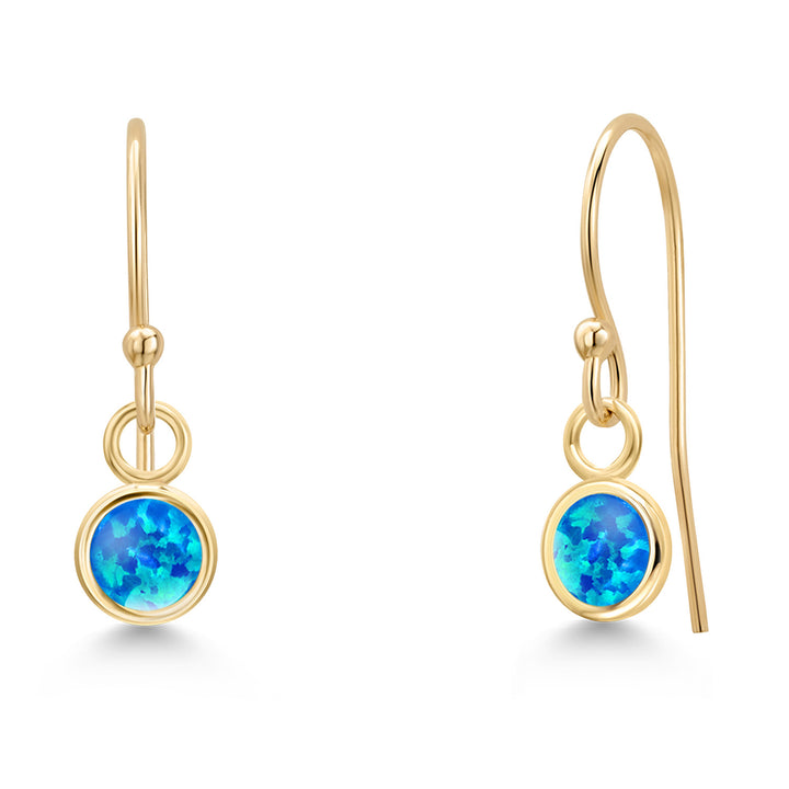 Blue Simulated Opal-Cabochon - October_Earrings in 14K Yellow Gold