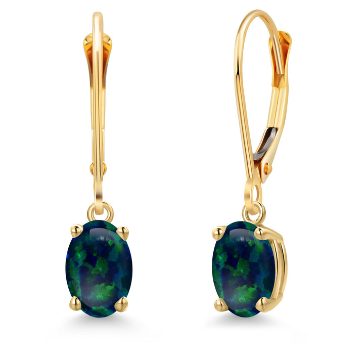 Green Simulated Opal-Cabochon - October_Earrings in 14K Yellow Gold