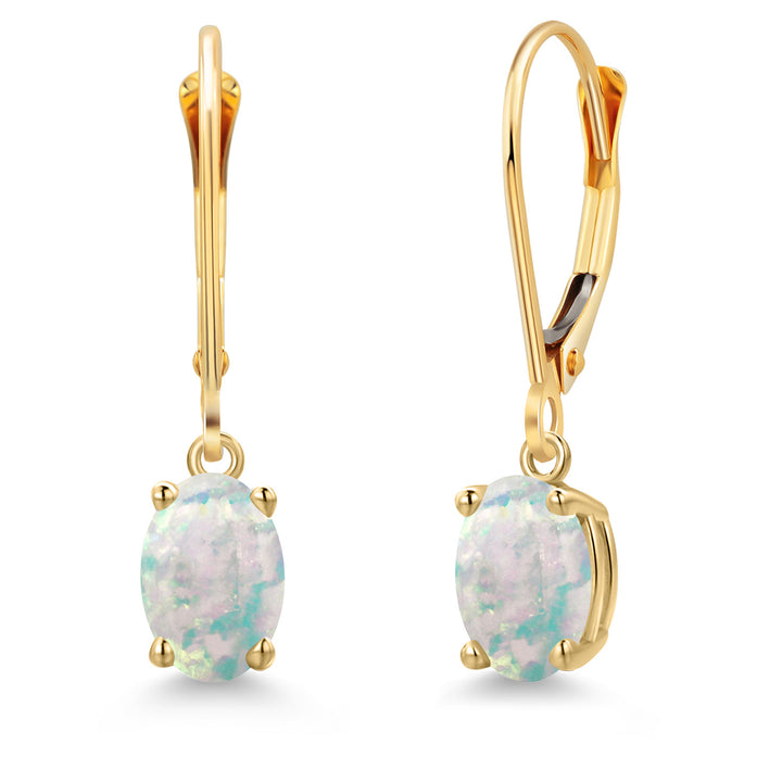 White Simulated Opal-Cabochon - October_Earrings in 14K Yellow Gold