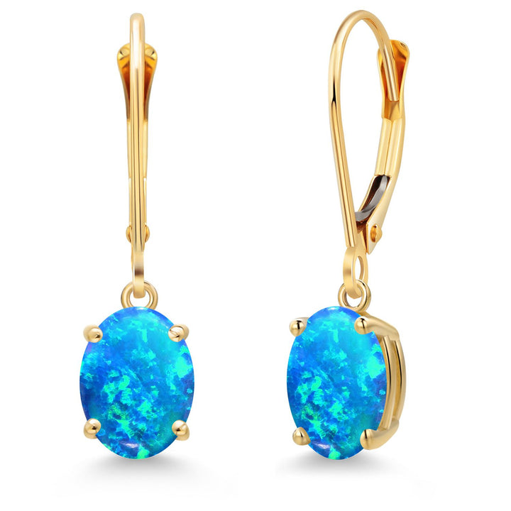 Blue Simulated Opal-Cabochon - October_Earrings in 14K Yellow Gold