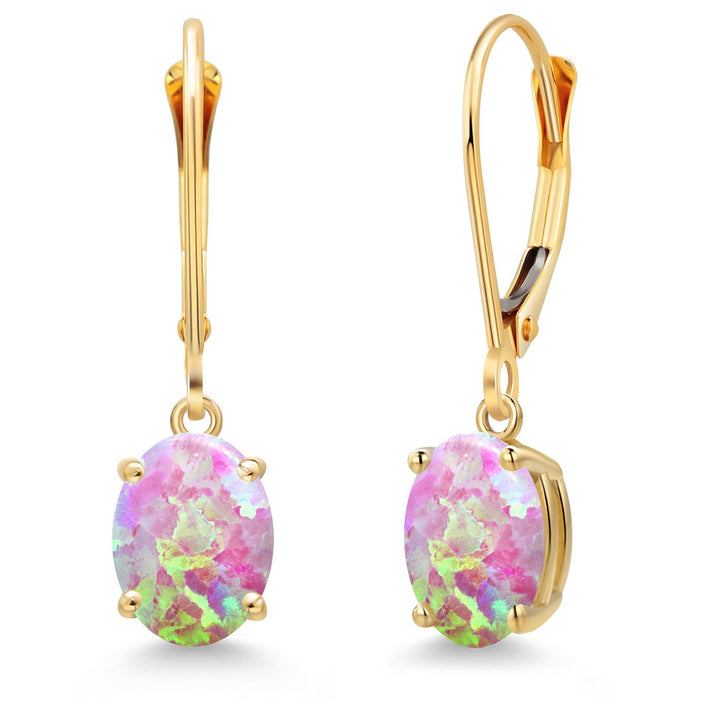 Pink Simulated Opal-Cabochon - October_Earrings in 14K Yellow Gold