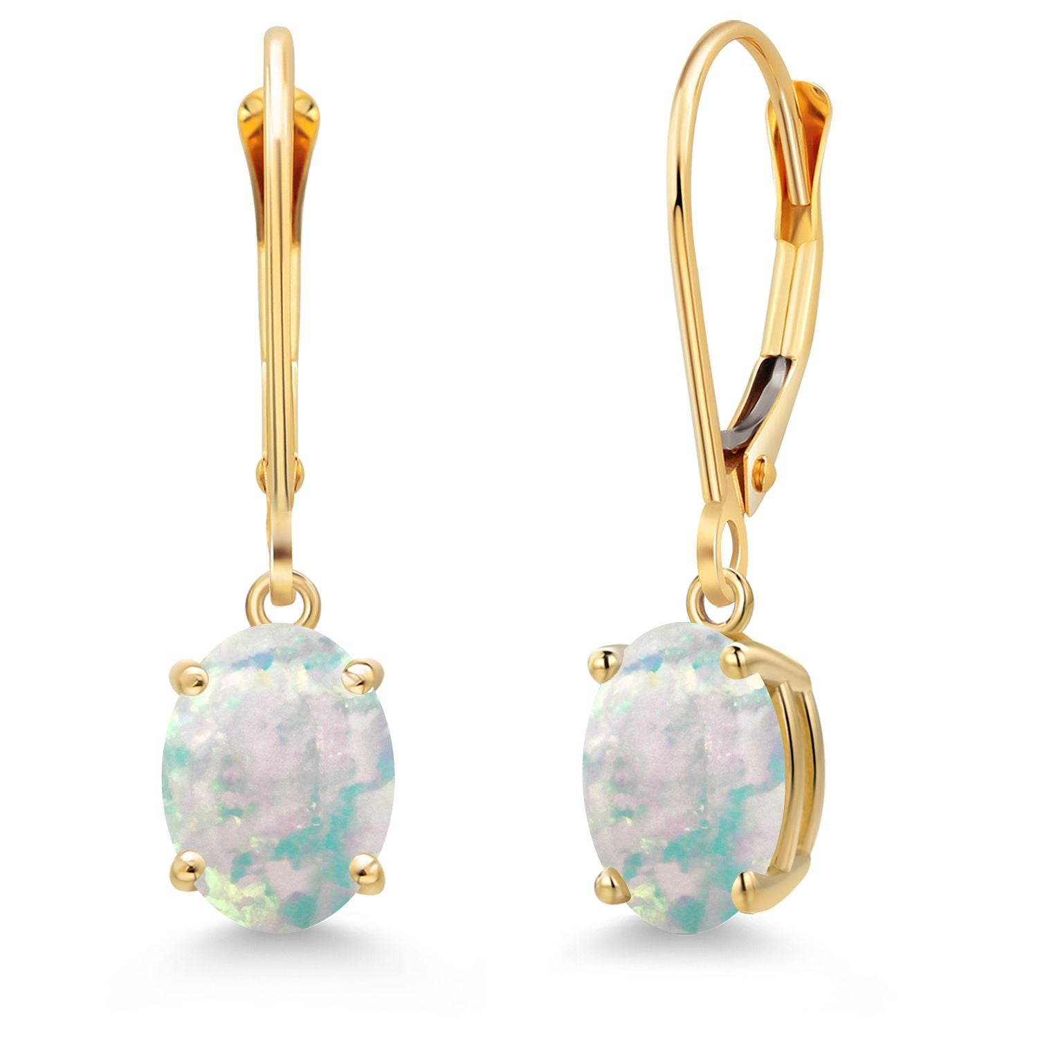 White Simulated Opal-Cabochon - October_Earrings in 14K Yellow Gold