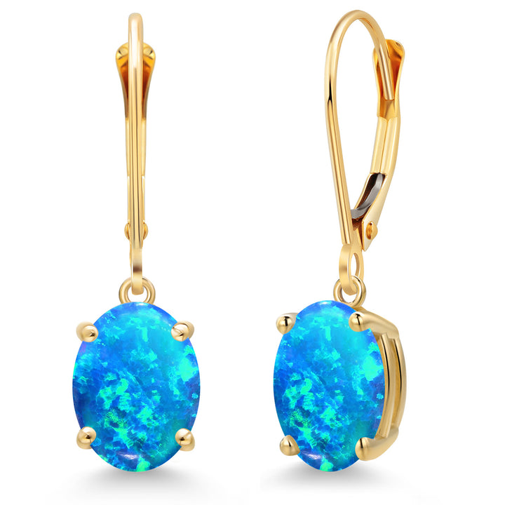 Blue Simulated Opal-Cabochon - October_Earrings in 14K Yellow Gold