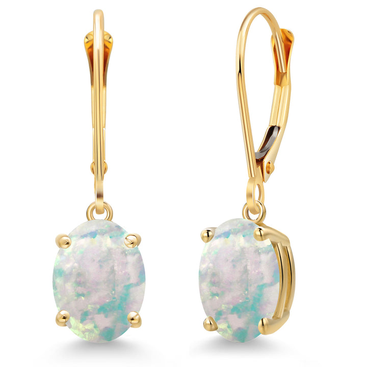 White Simulated Opal-Cabochon - October_Earrings in 14K Yellow Gold