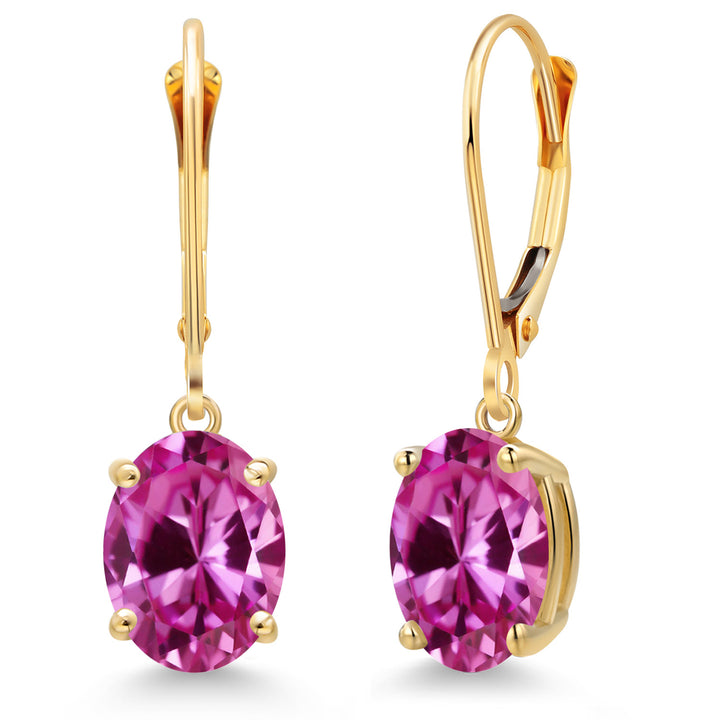 Pink Created Sapphire - September_Earrings in 14K Yellow Gold