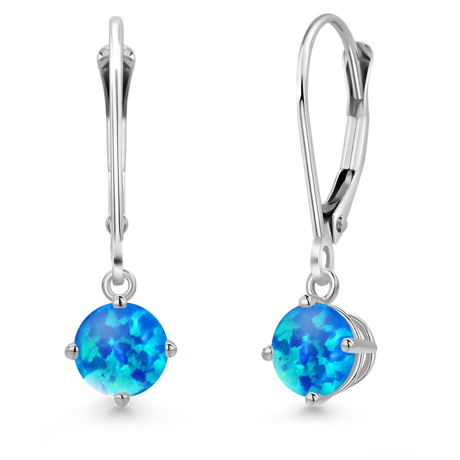 Blue Simulated Opal-Cabochon - October_Earrings in 14K White Gold