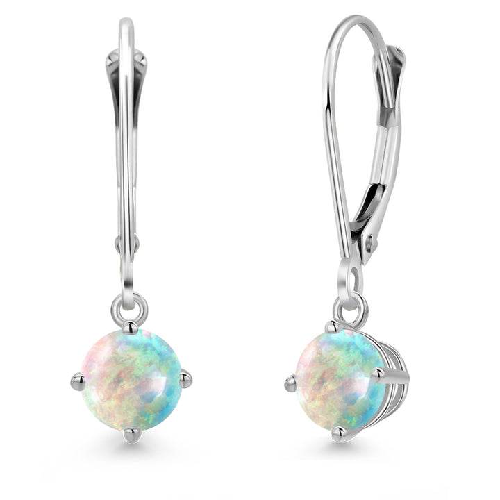 White Simulated Opal-Cabochon - October_Earrings in 14K White Gold