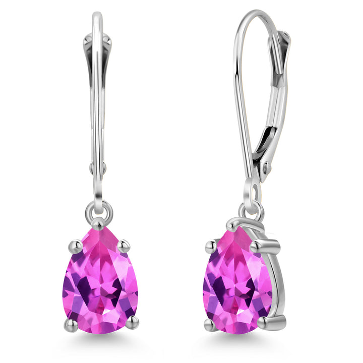 Pink Created Sapphire - September_Earrings in 14K White Gold