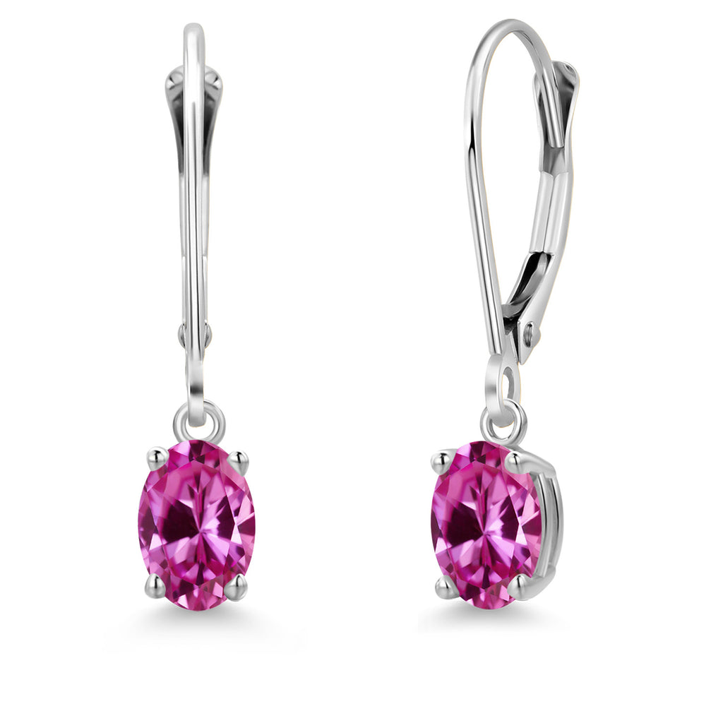Pink Created Sapphire - September_Earrings in 14K White Gold
