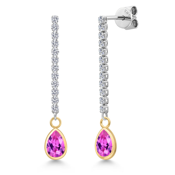Pink Created Sapphire - September_Earrings in 14K Two Tone Gold