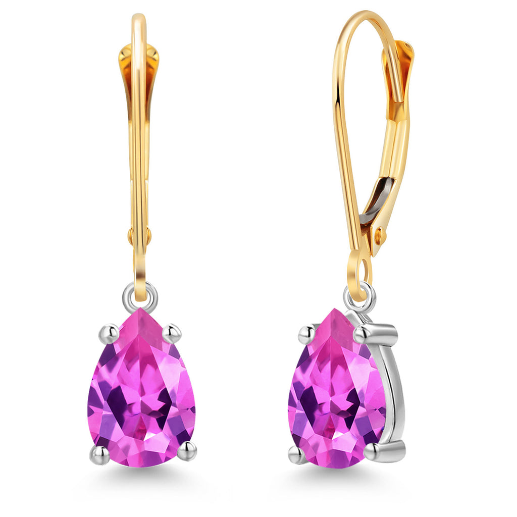 Pink Created Sapphire - September_Earrings in 14K Two Tone Gold