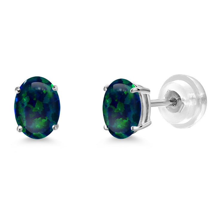 Green Simulated Opal-Cabochon - October_Earrings in 14K White Gold